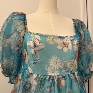 Unbranded. Teal floral puff sleeve dress.